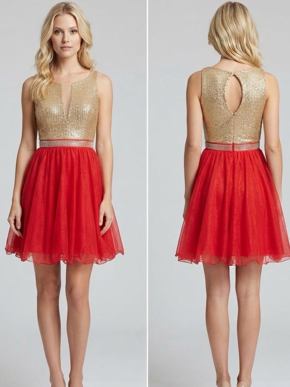 NEW Sleeveless Cocktail Dress Rhinestone Belt Gold Bodice Coral Tulle Skirt Gown